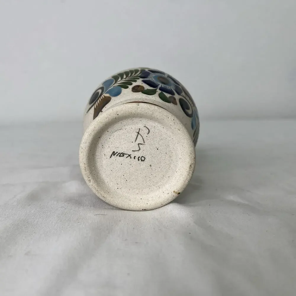 Mexican Vase Pottery Floral Glossy Design Small Made In Mexico, Signed